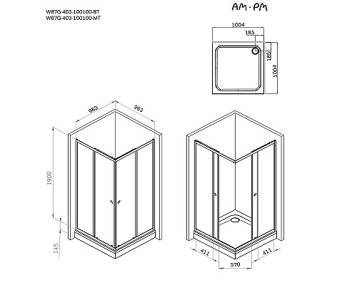 Душевой уголок AM.PM Sunny 100х100 W87G-403-100100-BT профиль Черный матовый стекло прозрачное