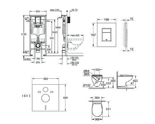 Комплект унитаза с инсталляцией Grohe Solido Compact с сиденьем Микролифт и клавишей смыва Хром