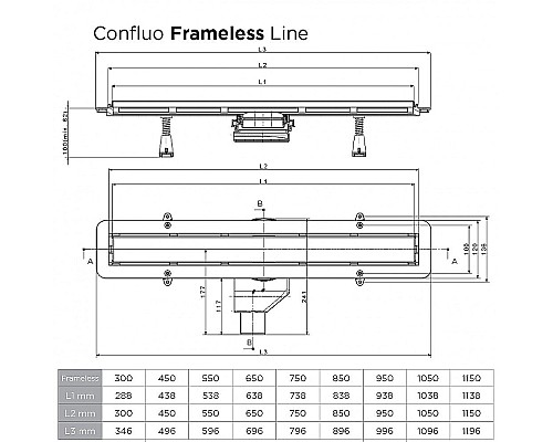 Душевой лоток Pestan Confluo Frameless Line 300 13701259 с двухсторонней решеткой Черный матовый / полая под плитку