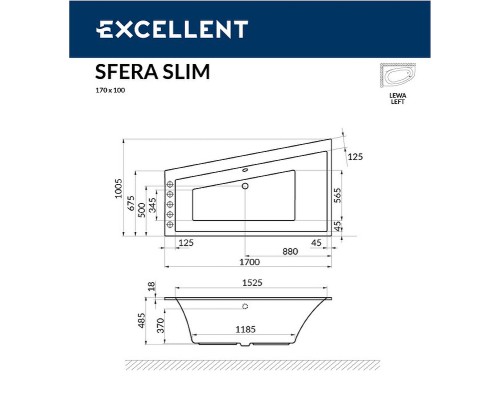 Акриловая ванна Excellent Sfera Slim 170x100 L Ultra Хром с гидромассажем