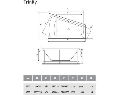 Акриловая ванна Vayer Trinity 170x130 R без гидромассажа