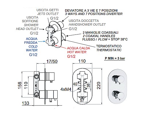 Смеситель для душа Remer Minimal Thermo NT937 с термостатом Хром