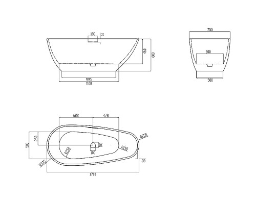 Ванна из искусственного камня Abber Dortmund 170x75 AM9911B Черная без гидромассажа