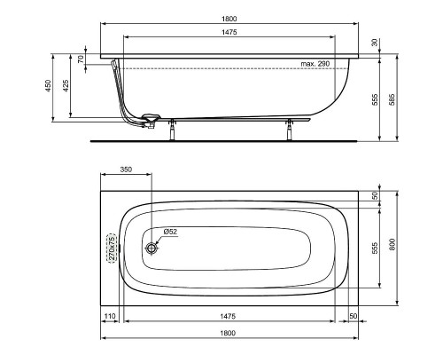 Акриловая ванна Ideal Standard I.Life 180x80 без гидромассажа