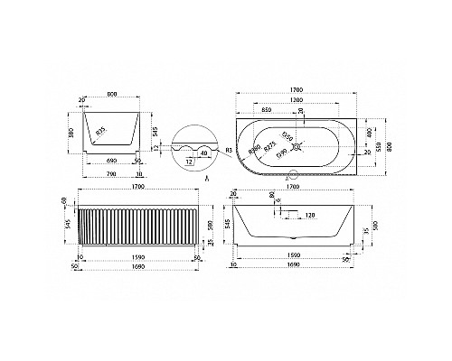 Акриловая ванна Abber 170х80 AB9412-1.7 R без гидромассажа