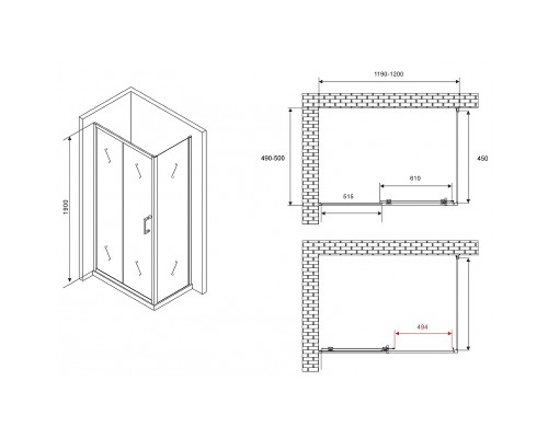 Душевой уголок Abber Schwarzer Diamant 120x50 профиль Черный стекло прозрачное