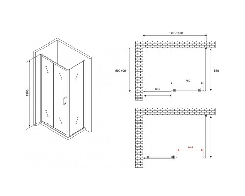 Душевой уголок Abber Schwarzer Diamant 150x60 профиль Черный стекло прозрачное