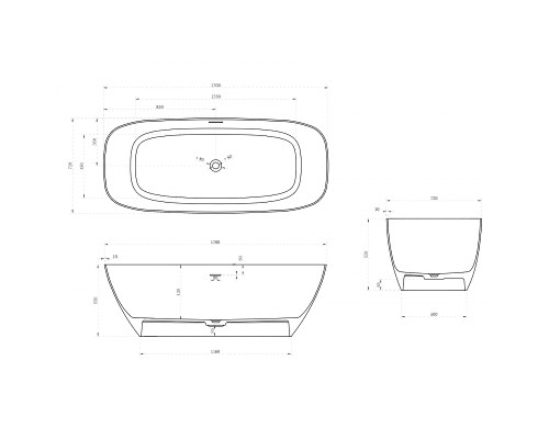 Ванна из искусственного камня Abber Stein 170x72 AS9612-1.7 без гидромассажа