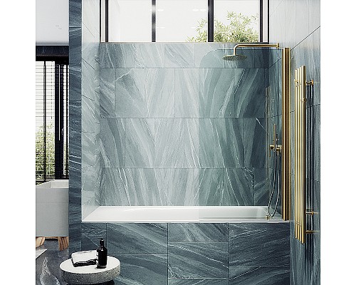 Шторка на ванну Maybah Glass MGV-596-3 400x1400 поворотная на монопетле Золото стекло прозрачное