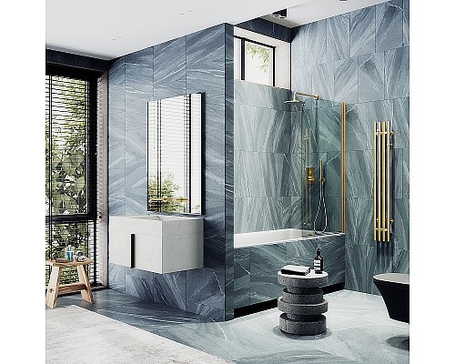 Шторка на ванну Maybah Glass MGV-596-3 400x1400 поворотная на монопетле Золото стекло прозрачное