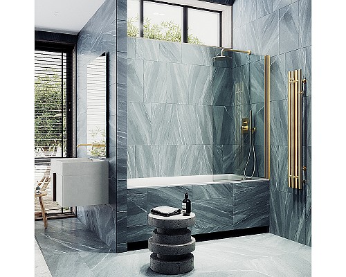 Шторка на ванну Maybah Glass MGV-596-3 400x1400 поворотная на монопетле Золото стекло прозрачное