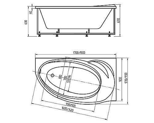 Акриловая ванна Aquatek Бетта 170x97 L BET170-0000378 без панелей, каркаса и слив-перелива