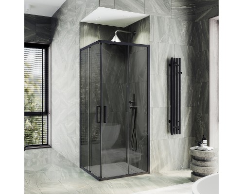 Душевой уголок Maybah Glass 900x900x1950 раздвижной профиль Черный стекло графитовое