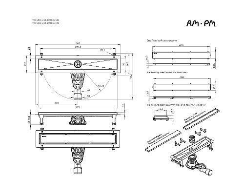 Душевой лоток AM.PM MasterFlow 50 W01SC-U11-050-04SB с решеткой Хром матовый / под плитку Tile