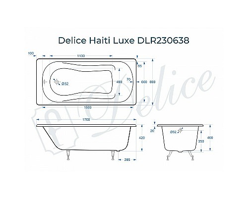 Чугунная ванна Delice Haiti Luxe 170x80 DLR230638 без отверстий под ручки и антискользящего покрытия Чугунная ванна Delice Haiti Luxe 170x80 DLR230638 без отверстий под ручки и антискользящего покрытия