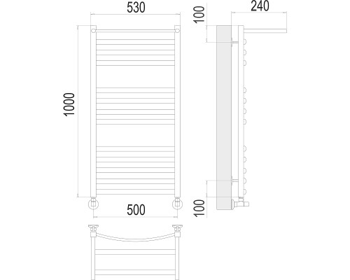 Водяной полотенцесушитель Terminus Енисей П13 500х1000 4670078529572 с полкой Хром, нижнее подключение, G 1/2" ВР, с угловым соединением