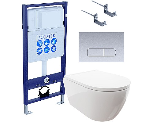 Комплект унитаза с инсталляцией Aquatek Set Aquatek Поларис-014 4в1 с сиденьем Микролифт и клавишей смыва Хром матовый