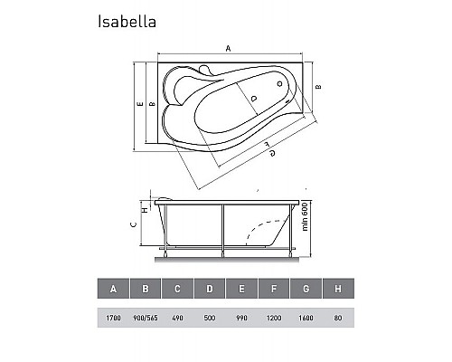 Акриловая ванна Relisan Isabella 170х90 L Гл000010529 без гидромассажа