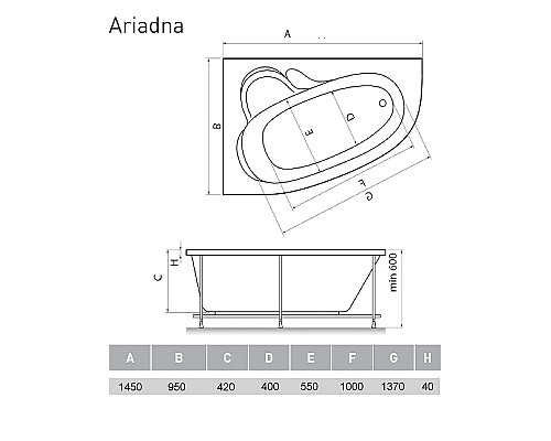 Акриловая ванна Relisan Ariadna 145x95 L Гл000001415 без гидромассажа