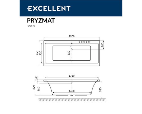 Акриловая ванна Excellent Pryzmat 190x90 с гидромассажем