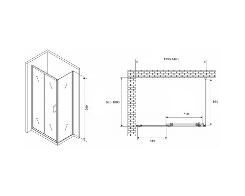 Душевой уголок Abber Schwarzer Diamant 140x100 профиль Хром стекло прозрачное