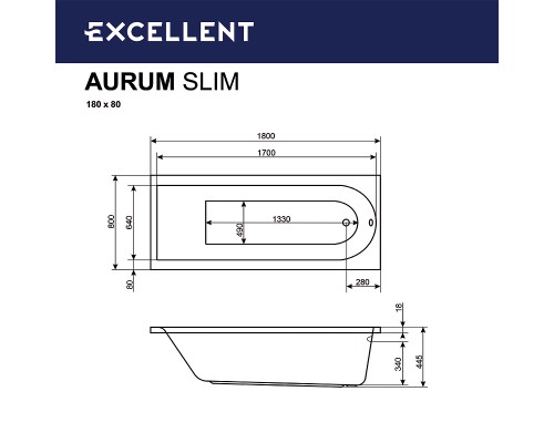 Акриловая ванна Excellent Aurum Slim 180x80 WAEX.AUR18S.LUX.CR с гидромассажем