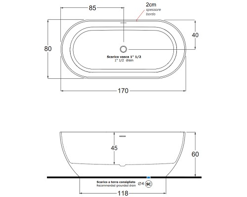 Ванна из искусственного камня Gruppo Treesse Clivia 170x80 V447BO без гидромассажа