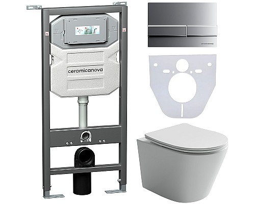 Комплект унитаза с инсталляцией Ceramicanova Balearica CN6000_1002M_1000 с сиденьем Микролифт и клавишей смыва Хром матовый