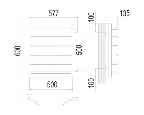 Водяной полотенцесушитель Terminus Виктория П6 500х600 бп500 4670078530073 Хром, боковое подключение, G 1" НР