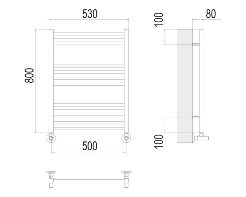 Водяной полотенцесушитель Terminus Сицилия П12 500х800 4670078530790 Хром, нижнее подключение, G 1/2" ВР, с комплектом вентилей