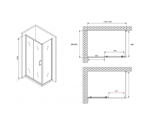 Душевой уголок Abber Schwarzer Diamant 150x50 профиль Хром стекло прозрачное