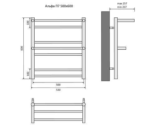 Водяной полотенцесушитель Aquatek Альфа П7 500x600 AQ RRP0760BL с полкой Черный муар