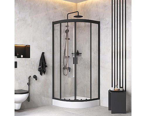 Комплект душевого уголка с душевой системой и аксессуарами AM.PM Gem 80x80 WK90EM профиль Черный матовый стекло прозрачное