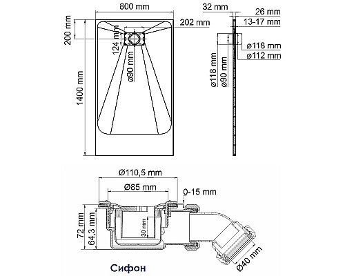 Душевой поддон из стеклопластика WasserKRAFT Elbe 140x80 74T35 Черный матовый