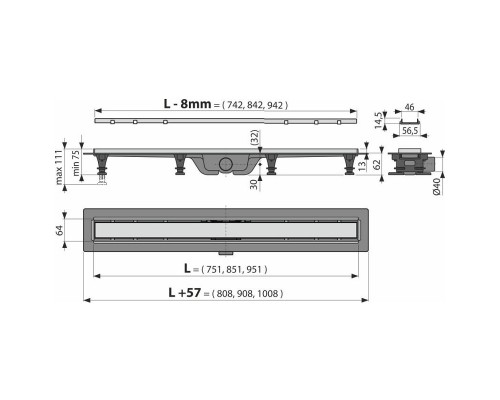 Душевой лоток Alcaplast APZ20-950 с решеткой Нержавеющая сталь / под плитку