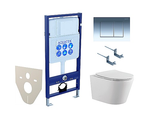 Комплект унитаза с инсталляцией Aquatek Set Aquatek Вега-010 4в1 с сиденьем Микролифт и клавишей смыва Хром глянцевый