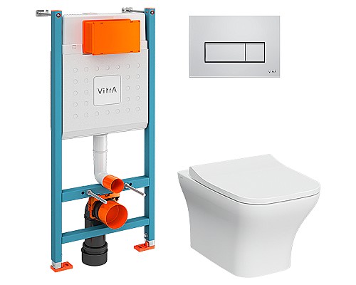 Комплект унитаза с инсталляцией Vitra Zentrum Square 9875B003-7201 с сиденьем Микролифт и клавишей смыва Хром глянцевый