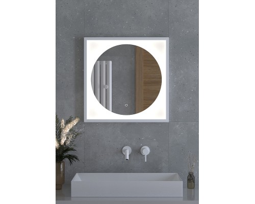 Зеркало Defesto Eclipce 60х60 с подсветкой 12W-4500К/в багетной раме/Сенсорный выключатель/Нейтральный белый свет/Белая рама
