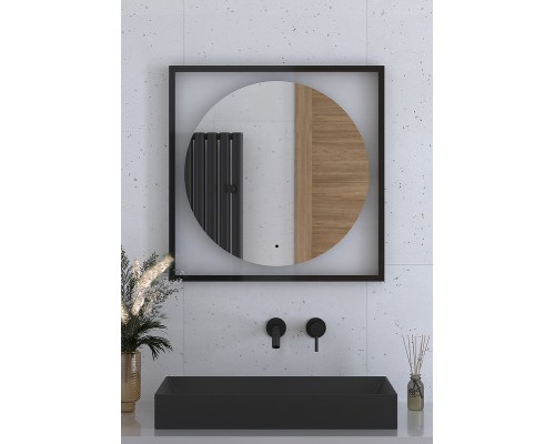 Зеркало Defesto Eclipce 70х70 с подсветкой 15W-3000К/в багетной раме/ИК - выключатель/Теплый белый свет/Черная рама