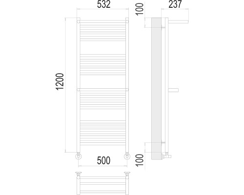 Водяной полотенцесушитель Terminus Аврора П22 500х1200 4670078529244 с полкой Хром, нижнее подключение, G 1/2" ВР, с угловым соединением