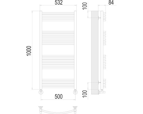 Водяной полотенцесушитель Terminus Классик П20 500x1000 4670078529602 Хром, нижнее подключение, G 1/2" ВР, с угловым соединением