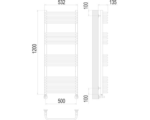 Водяной полотенцесушитель Terminus Стандарт П22 500x1200 4670078529817 Хром, нижнее подключение, G 1/2" ВР, с угловым соединением
