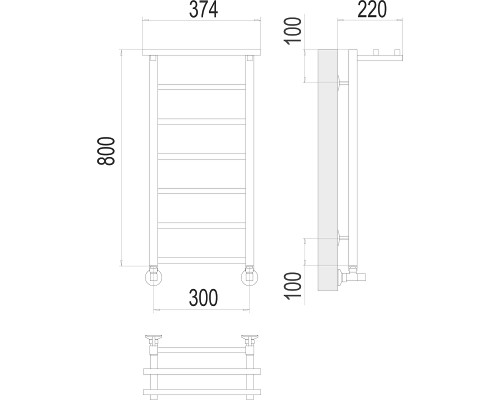 Водяной полотенцесушитель Terminus Контур П7 300х800 4670078529695 с полкой Хром, нижнее подключение, G 1/2" ВР, с угловым соединением