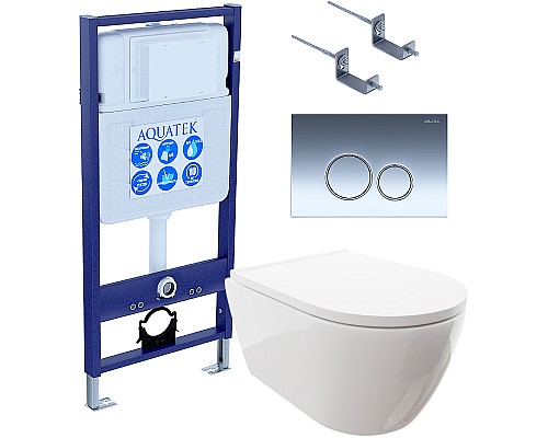 Комплект унитаза с инсталляцией Aquatek Set Aquatek Поларис-018 4в1 с сиденьем Микролифт и клавишей смыва Хром глянцевый