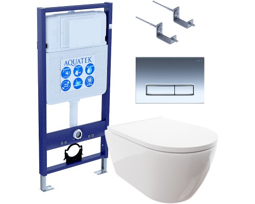 Комплект унитаза с инсталляцией Aquatek Set Aquatek Поларис-023 4в1 с сиденьем Микролифт и клавишей смыва Хром глянцевый