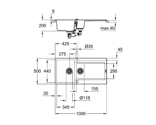 Кухонная мойка Grohe K500 100 Черный гранит