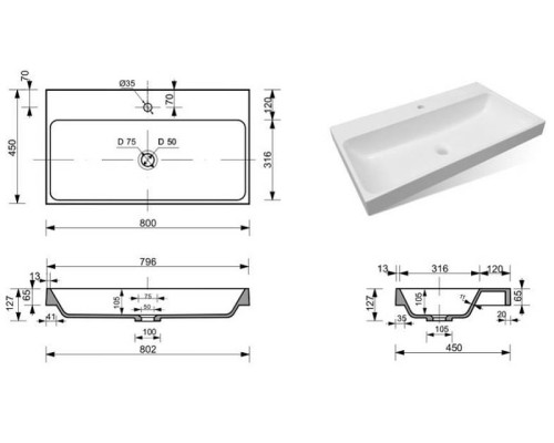 Раковина Эстет Малибу 80 ФР-00006022 Белая