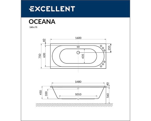 Акриловая ванна Excellent Oceana Slim 160x75 WAEX.OCE16S.RELAX.BR с гидромассажем