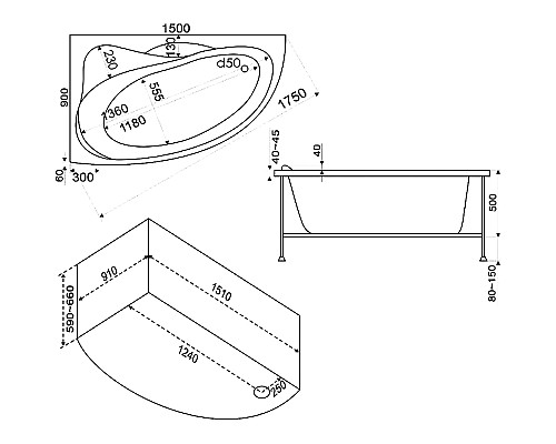Акриловая ванна Bas Вектра 150x90 L В 00007 без гидромассажа