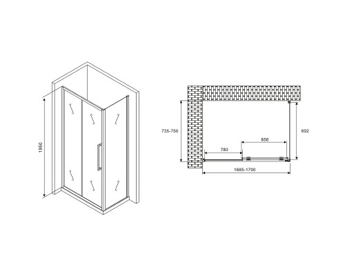 Душевой уголок Abber Schwarzer Diamant 170x75 профиль Хром стекло прозрачное